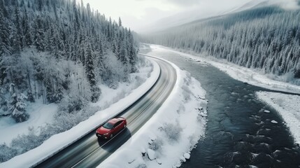 Obraz premium Concept of auto travel during winter holiday season. One red car is driving on snow along mountain road near forest and stormy river. Aerial view. Road trip journey. Generative AI. Drone landscape.