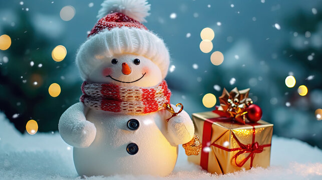Merry Christmas Greeting with Cute Snow Man Giving Gift in Outdoor For Winter Holiday Eve Background Selective Focus