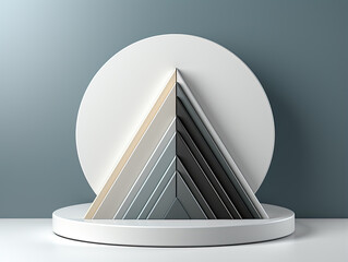 Showcase round stage for mockup products. Cylinder stand podium with luxury geometric forms. Gray 3D realistic triangle overlap background. Abstract minimal scene for promotion display, white.