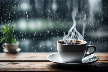 Fototapeten Steaming coffee cup on a rainy day window background   © Malaika