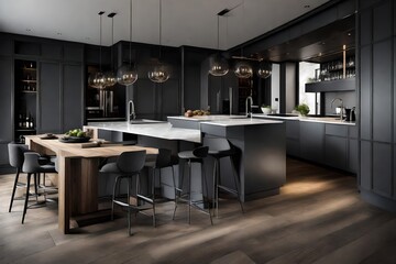 Fototapeta na wymiar contemporary kitchen in a modern style, wooden floor, dark grey interior. 
