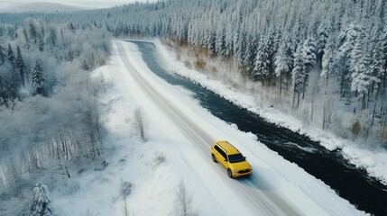 Concept of auto travel during winter holiday season. One yellow car is driving on snow along mountain road near forest and stormy river. Aerial view. Road trip journey. Generative AI. Drone landscape.