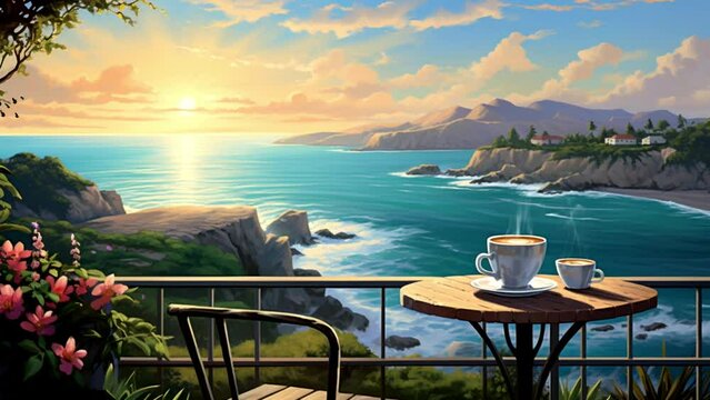 a cup of coffee with a beautiful beach view at sunrise, seamless looping video background animation, cartoon anime style