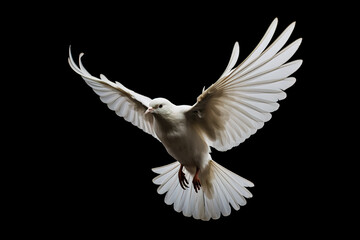 White bird with open wings flying on black background.