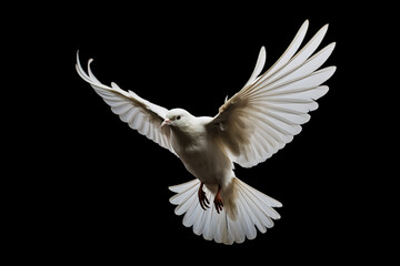 Fototapeta premium White bird with open wings flying on black background.