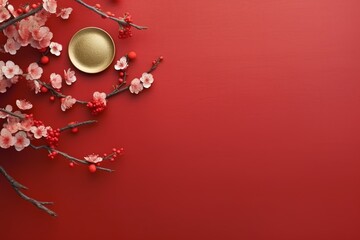 Obraz na płótnie Canvas Cherry Blossoms on Red with Golden Bowl
