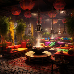design a shisha lounge with 6 seasons themed, 6 different section, winter, summer, rain, autum, spring, monsoon, contemporary, modern - obrazy, fototapety, plakaty