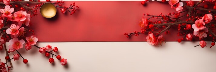 Cherry Blossoms on Red with Golden Bowl