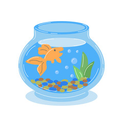 Cute cartoon golden fish and bubbles in a glass aquarium. Illustration, children's print, vector