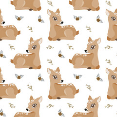 Seamless pattern, cute little deer on a background with flowers. Kawaii forest animals, background, vector