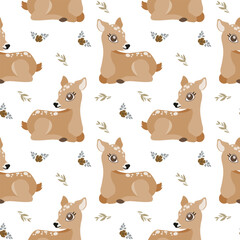 Naklejka premium Seamless pattern, cute little deer on a background with flowers. Kawaii forest animals, background, vector