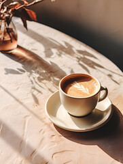Latte coffee on the table There is morning sunlight shining on the glass, the image is warm in tone