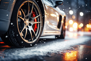 Car with winter tires on snow covered road. Blurred city landscape. Close-up on wheels