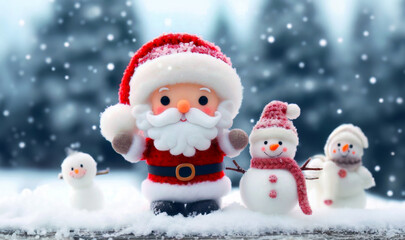 Obraz premium Cute toy character of Santa Claus and snowman, in the white winter snow, Christmas celebration seasons greeting, happy jolly, new year festival, kids toy