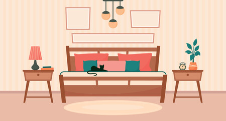 Cozy interior bedroom with bed, bedside tables, alarm clock, flowerpot, pendant light. Vector flat background template illustration