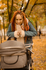 Beautiful mother with stroller in autumn park. Motherhood concept