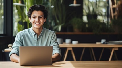Smiling Teen Latino Man with Brown Straight Hair Photo. Portrait of Business Person in the office in front of laptop. Photorealistic Ai Generated Horizontal Illustration. - obrazy, fototapety, plakaty