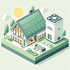 Eco-Friendly Home with Solar Panels: Whimsical Isometric Illustration

