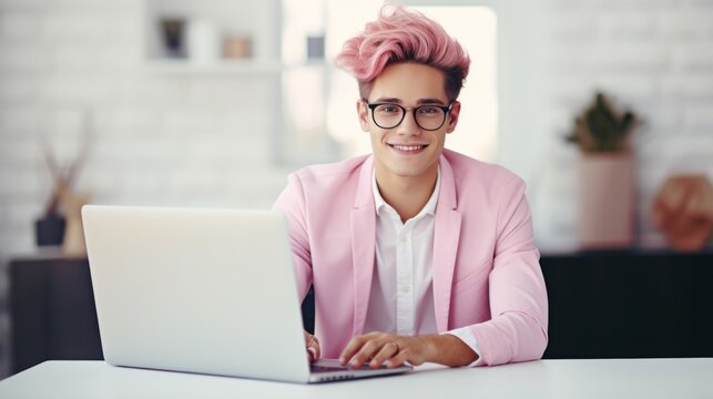 Smiling Teen White Man with Pink Straight Hair Photo. Portrait of Business Person in the office in front of laptop. Photorealistic Ai Generated Horizontal Illustration.