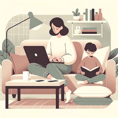Fototapeta premium Tranquil Family Time: Woman Working and Child Reading Indoors