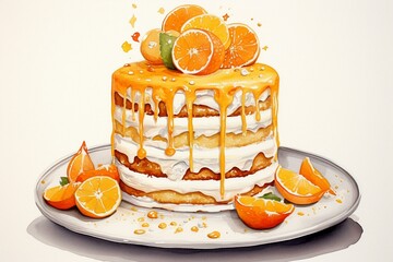 A stunning watercolor painting of an orange cake. Generative AI