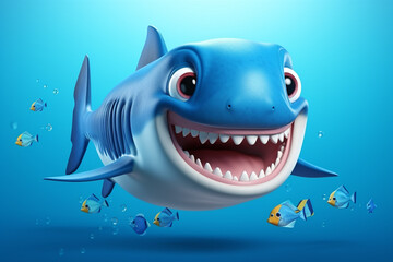 Cartoon shark with fish isolated on blue background