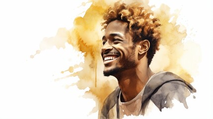 Smiling Adult Black Man with Blond Curly Hair Watercolor Illustration. Portrait of Casual Person on white background with copy space. Photorealistic Ai Generated Horizontal Illustration.