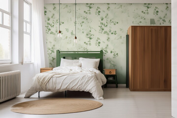 Fototapeta na wymiar A Cozy Bedroom with a Stylish, Green Headboard