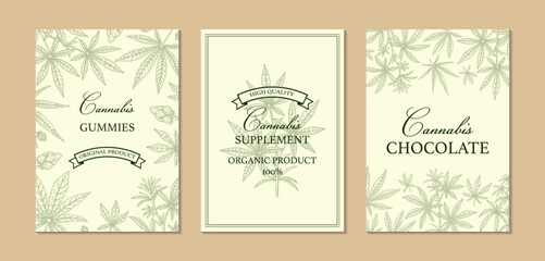 Cannabis vertical design for packaging, social media posts, store decoration, branding, certificates. Marijuana vector illustration in sketch style. Hemp engraved background