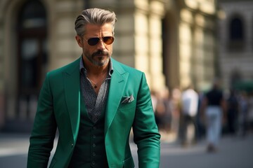 Fototapeta premium Green Suit Strolling Through Urban Street