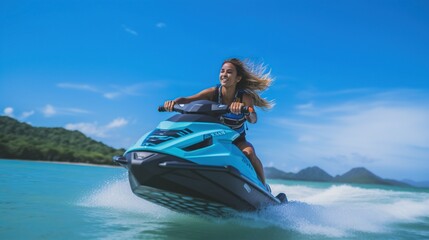 Young woman having fun jumping over waves riding a jet ski - Powered by Adobe