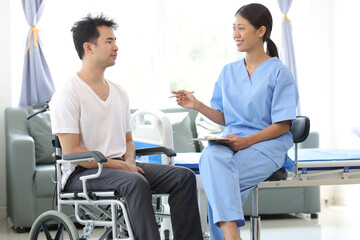 Doctor is inquiring about the condition of a patient with a leg injury in a hospital examination...
