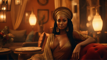 a high value african woman in a luxury room magic around, warm ambiance