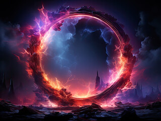 A modern Sci-Fi environment with futuristic smoke, featuring neon-colored geometric circles on a dark background that evoke the presence of a round mystical portal.