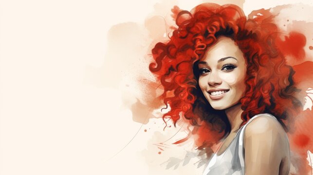 Smiling Adult Black Woman with Red Curly Hair Watercolor Illustration. Portrait of Casual Person on white background with copy space. Photorealistic Ai Generated Horizontal Illustration.