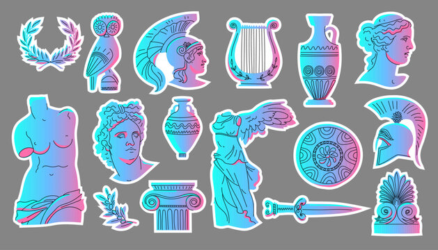 Greek elements stickers isolated. Ancient sculptures, vases, architectural details, weapons, laurel wreath, olives. Decorative objects with color gradient and outline. Hand drawn Vector illustration.