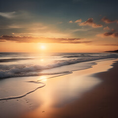 As the sun sets, the tranquil beach becomes adorned with serene beauty, casting a warm, golden glow on the horizon.