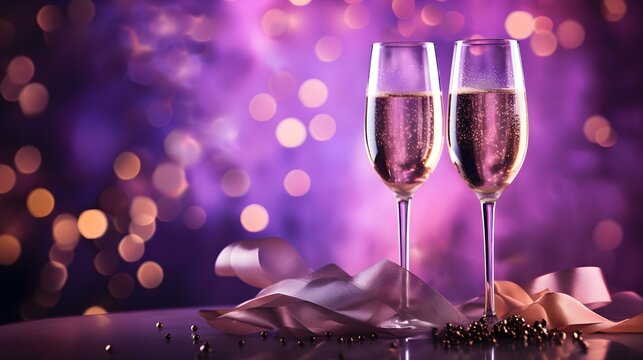 Two Champagne Glasses in front of a festive purple Background. Template for Holidays and Celebrations