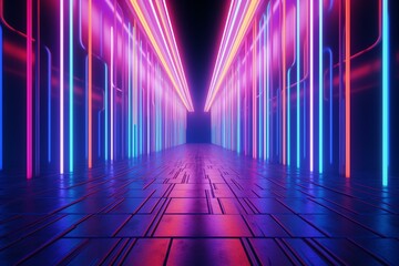 Vibrant illuminated passageway with streaks of purple, blue, and pink; a simulated 3D representation. Generative AI - obrazy, fototapety, plakaty