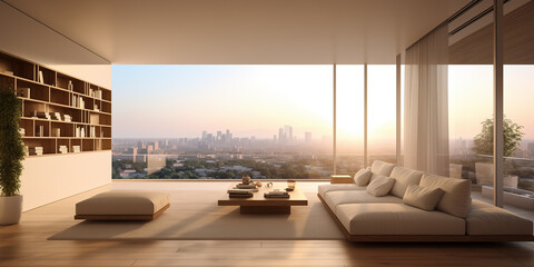Modern minimalist living room interior in beige tones. City view outside panoramic windows. 