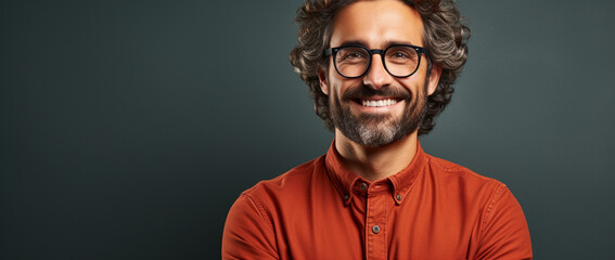 Selbstbewusster Mann mit Brille zeigt Erfolg - obrazy, fototapety, plakaty