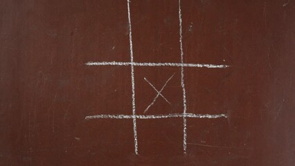 Textured brown chalkboard background. Male hand playing a tic-tac-toe, noughts aand crosses game on the board with a piece of white chalk in close up.