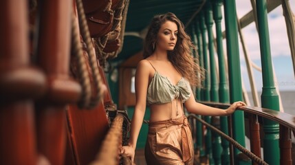 Obraz na płótnie Canvas Pretty young woman posing on cruise ship