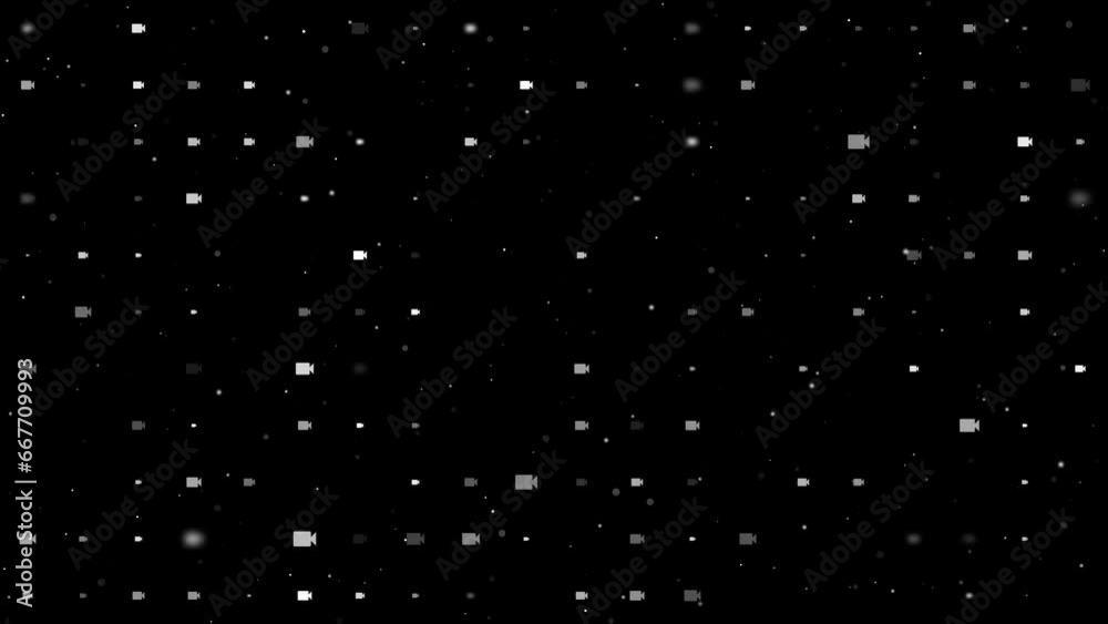 Poster template animation of evenly spaced video camera symbols of different sizes and opacity. animation o