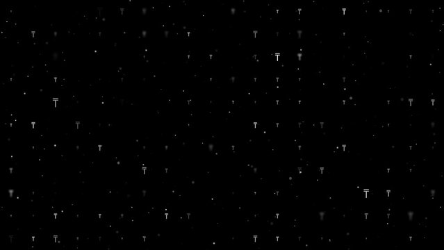 Template animation of evenly spaced tenge symbols of different sizes and opacity. Animation of transparency and size. Seamless looped 4k animation on black background with stars
