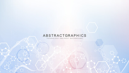 Modern scientific background with hexagons, lines and dots. Wave flow abstract background. Molecular structure for medical, technology, chemistry, science. Vector illustration