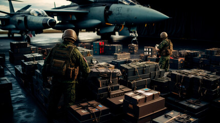 Military Lend lease. Sending military aid. Loading military aircraft with ammunition. AI Generated