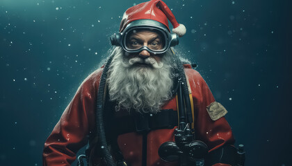 Santa Claus is diving on a tropical island