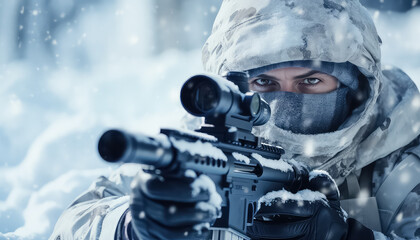A sniper with a weapon sits in a winter forest - obrazy, fototapety, plakaty