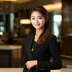 Young Asian woman receptionist. Portrait of smiling female receptionist working in hotel.